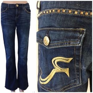 ROCK & REPUBLIC KASANDRA 10 BOOTCUT JEANS DARK WASH GOLD STUDS BIKER GLAM RETRO